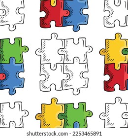 Seamless pattern with four jigsaw puzzle on white background. Hand drawn vector sketch illustration in engraving doodle vintage line art style. children autism awareness day, team building, solution