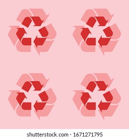 Seamless pattern of four large isolated red recycling symbols. The elements are evenly spaced. Vector illustration on light red background