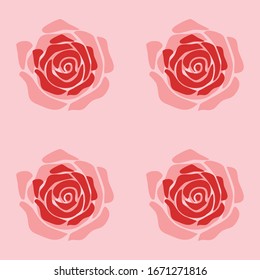 Seamless pattern of four large isolated red roses. The elements are evenly spaced. Vector illustration on light red background