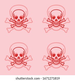 Seamless pattern of four large isolated red skulls. The elements are evenly spaced. Vector illustration on light red background