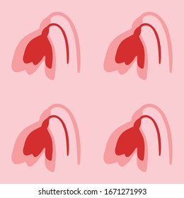 Seamless pattern of four large isolated red snowdrops. The elements are evenly spaced. Vector illustration on light red background