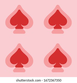Seamless pattern of four large isolated red spades. The elements are evenly spaced. Vector illustration on light red background