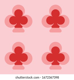 Seamless pattern of four large isolated red clubs. The elements are evenly spaced. Vector illustration on light red background