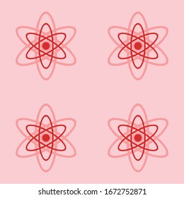 Seamless pattern of four large isolated red atomic symbols. The elements are evenly spaced. Vector illustration on light red background