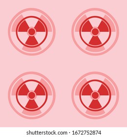 Seamless pattern of four large isolated red radiation symbols. The elements are evenly spaced. Vector illustration on light red background
