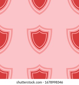 Seamless pattern of four large isolated red shield symbols. The elements are evenly spaced. Vector illustration on light red background