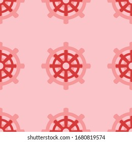 Seamless pattern of four large isolated red wheel symbols. The elements are evenly spaced. Vector illustration on light red background