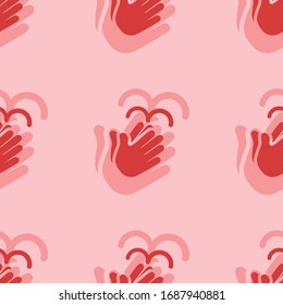 Seamless pattern of four large isolated red washing hands symbols. The elements are evenly spaced. Vector illustration on light red background
