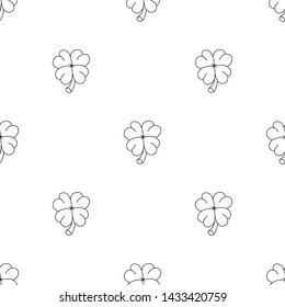 Seamless pattern with four leaf clover on white background. Lucky symbol and Irish mascot for St. Patrick's Holidays. Line style icon. Vector illustration for design, web, wrapping paper, fabric.