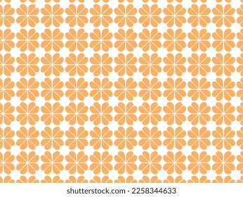 A seamless pattern of four leaf clover composed of orange half hearts. Love and luck