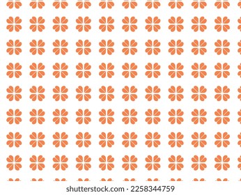 A seamless pattern of four leaf clover composed of orange half hearts. Love and luck