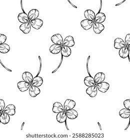 Seamless pattern with four leaf clover, shamrock. A symbol for St. Patrick's day and luck. Vector graphic black and white sketch style illustration for wrapping wallpaper fabric textile