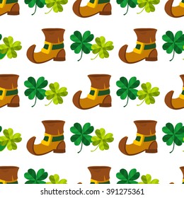 Seamless pattern with four leaf clover and shoes leprechaun.
