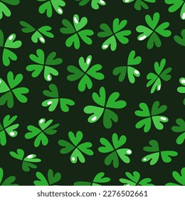 Seamless pattern with four leaf and three leaf clover. Doodle green shamrock isolated on dark green background. Hand drawn St. Patric's day symbol. Vector illustration