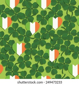 seamless pattern of four leafed clover and ireland flag hearts