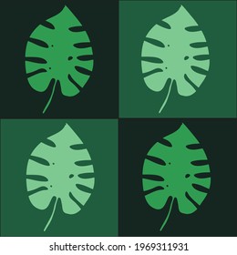 Seamless pattern with four light green tropical monstera doodle leaves on a dark green background. Pop art style for print. Vector.