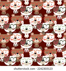Seamless pattern of four little animals with heart-shaped glasses, a dog, a cat, a bunny and a bear