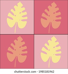 Patrón sin foco con cuatro hojas de monastera tropical naranja y amarilla sobre un fondo rosado. Estilo de arte pop para imprimir. Vector.