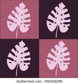 Seamless pattern with four pink entire cordate leaves on a white background. Pop art style for print. Vector.