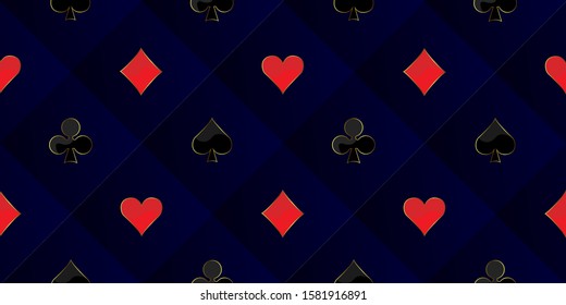 Seamless pattern with four suits of game cards. Peak, Clubs, Cherva, Tambourine. Red and black colors with golden margins. Poker texture for casino decoration, tile, wallpaper, online slots, gamble.