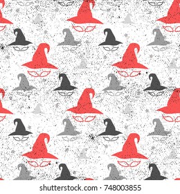 Seamless pattern of four witches hats. For happy halloween or other design. Vector illustration, silhouette black and red hats, isolated on white background.