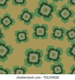 Seamless pattern. Four-colored distorted squares of light green,dark green, gray-green and light brown colors, located chaotically on a yellow-khaki background.