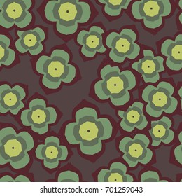 Seamless pattern. Four-colored distorted squares of brown, green-blue, gray and green-yellow  colors, located chaotically on a gray background.