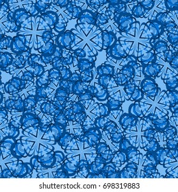 Seamless pattern. Four-sided colored figures. Flower motifs. Random order. Grunge style. Blue tones.