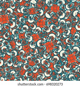 Seamless pattern. Four-sided colored figures. Flower motifs. Random order. Grunge style. Red, blue tones, white.