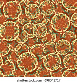 Seamless pattern. Four-sided colored figures. Flower motifs. Random order. Grunge style. Brown tones, yellow, green.