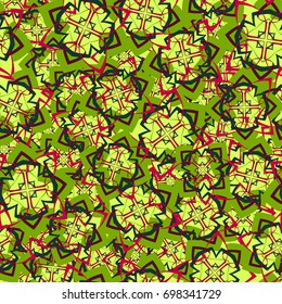 Seamless pattern. Four-sided colored figures. Flower motifs. Random order. Grunge style. Green, and red tones.