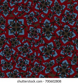 Seamless pattern. Four-sided figures arranged randomly. Dark red, brown, blue, black, gray.