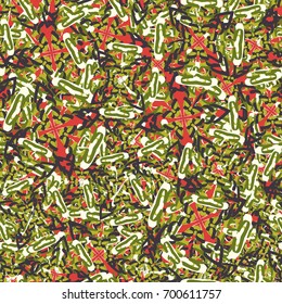 Seamless pattern. Four-sided figures arranged randomly. Red, white, green tones.