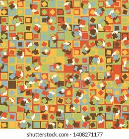Seamless pattern. Four-sided multi-colored round elements are arranged randomly on a checkered background. Bright children's color combinations.