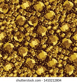 Seamless pattern. Four-sided multi-colored round elements are arranged randomly. The colors of gold. Shades of yellow, brown.