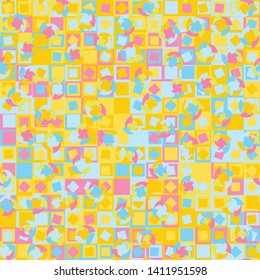 Seamless pattern. Four-sided multi-colored round elements are arranged randomly on a checkered background. Bright children's color combinations.