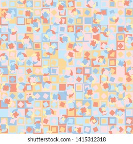 Seamless pattern. Four-sided multi-colored round elements are arranged randomly on a checkered background. Bright children's color combinations.