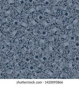 Seamless pattern. Four-sided multi-colored round elements are arranged randomly on a checkered background. Shades of granite and marble.