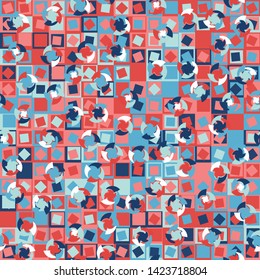 Seamless pattern. Four-sided multi-colored round elements are arranged randomly on a checkered background. Bright children's color combinations.