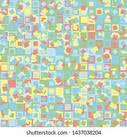 Seamless pattern. Four-sided multi-colored round elements are arranged randomly on a checkered background. Bright children's color combinations.