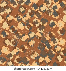 Seamless pattern. Four-sided multi-colored round elements are arranged randomly. Colors of the autumn landscape. Shades of brown and yellow.