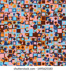 Seamless pattern. Four-sided multi-colored round elements are arranged randomly on a checkered background. Bright children's color combinations.