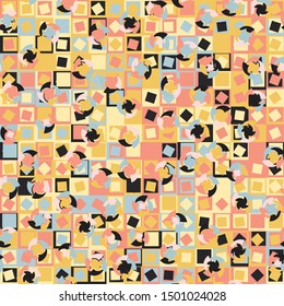 Seamless pattern. Four-sided multi-colored round elements are arranged randomly on a checkered background. Bright children's color combinations.