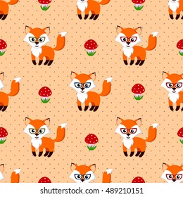 Seamless pattern with fox and amanita
