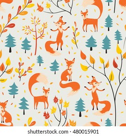 Seamless pattern with fox in autumn forest