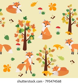 Seamless pattern with Fox in the autumn forest. Vector illustration.