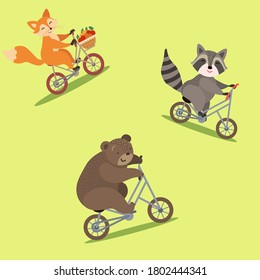 seamless pattern, fox, bear and raccoon ride bicycles, print, for children, light green background, cartoon, doodle, sketch, vector illustration