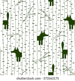 Seamless pattern with fox in birch forest. Vector illustration