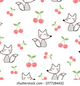 Seamless pattern with fox cartoon and cherry fruit on white background vector illustration. 