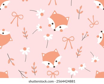 Seamless pattern with fox cartoons, branches, berries, ribbon bows and daisy flower on pink background vector.